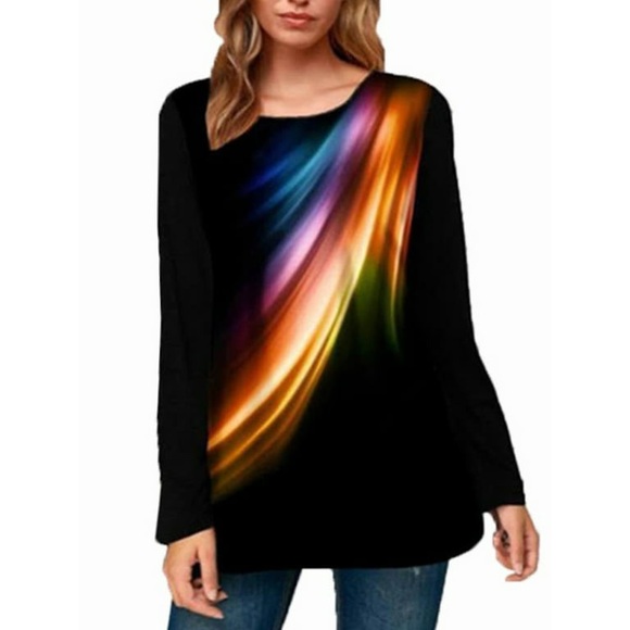 NWT Women Long Sleeve T-Shirt Tunic Loose Casual Print Blouse - Picture 2 of 2